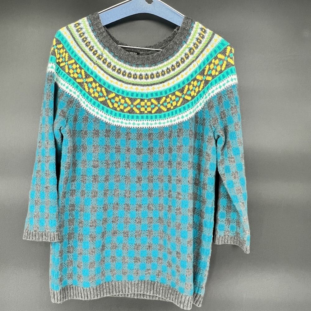 Talbots Icelandic Fair Isle Lambswool Blend Sweater Blue Grey PM Petite Medium